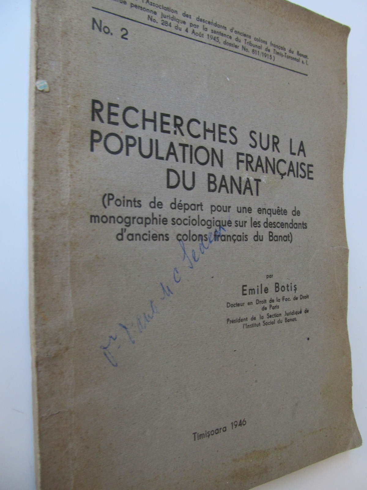 Recherches sur la population francaise du Banat , 1946 - Emile Botis | Detalii carte