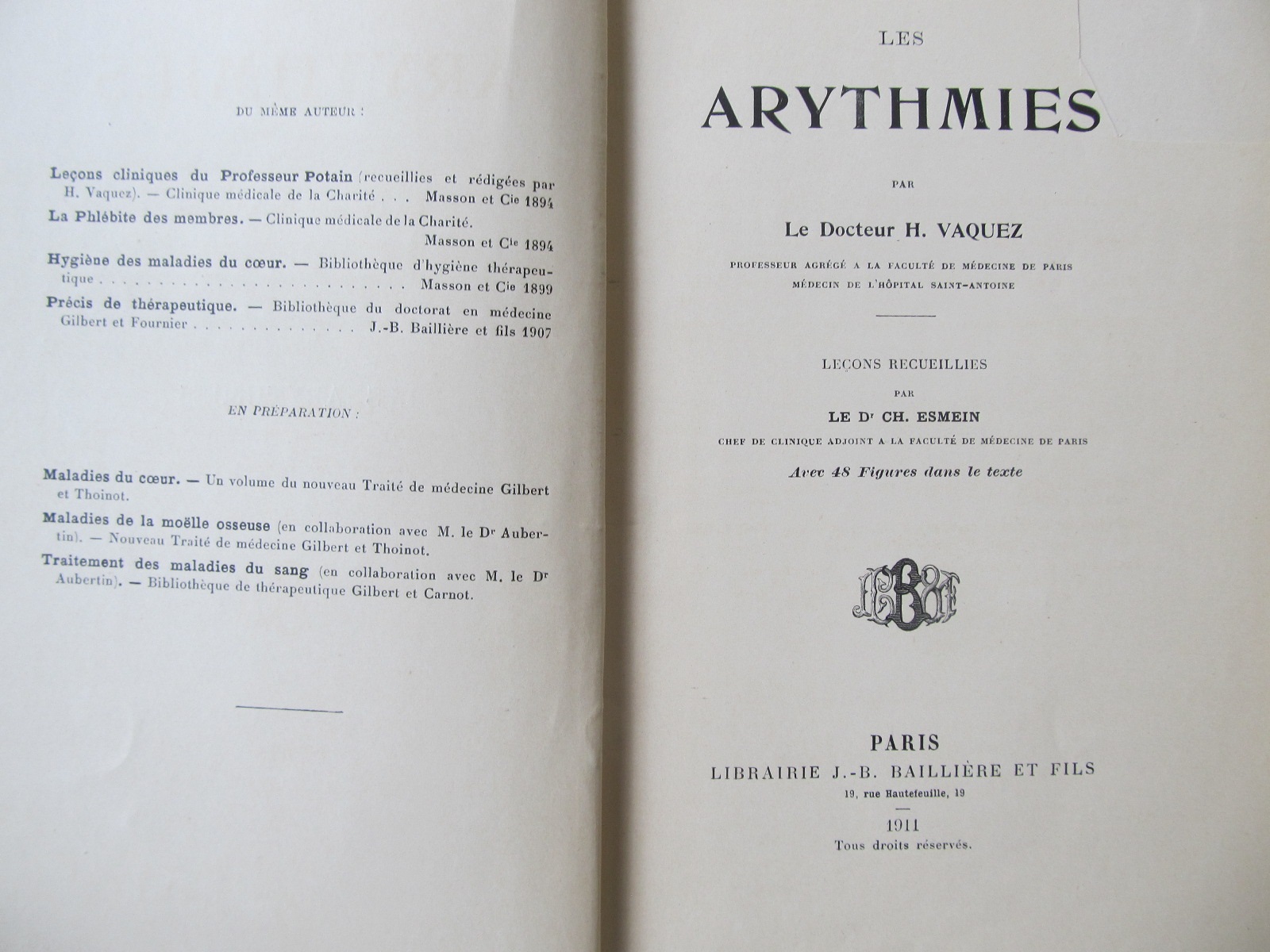 Carte Les Arythmies , 1911. - H. Vaquez