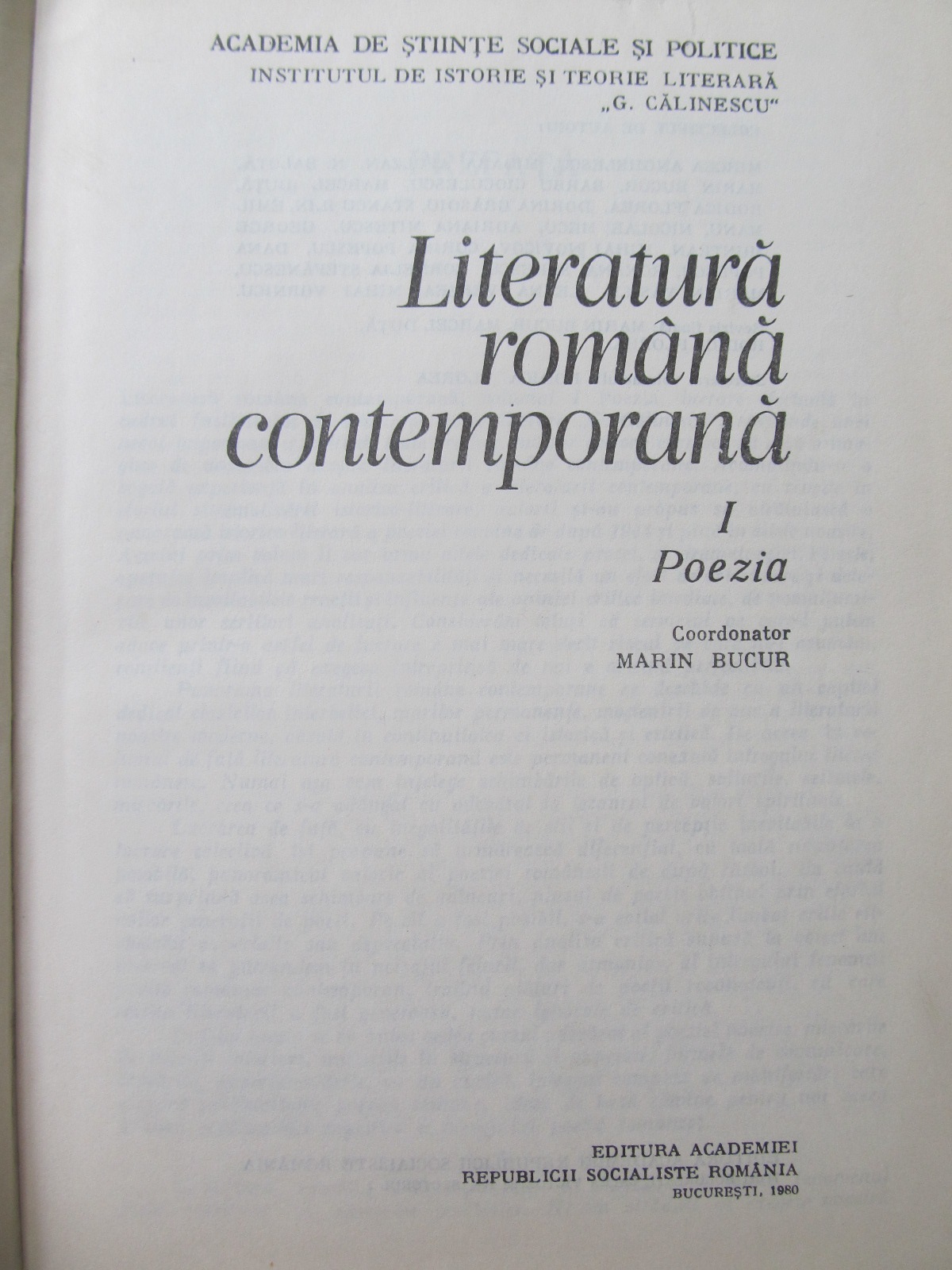 Carte Literatura romana contemporana (vol. 1) -Poeia - Marin Bucur (coordonator) , ...